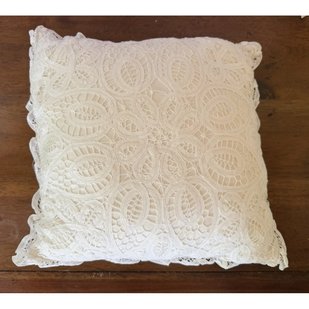 Ivory Lace Decorative Throw Pillow Floral Crochet Cottagecore Accent Pillow 13